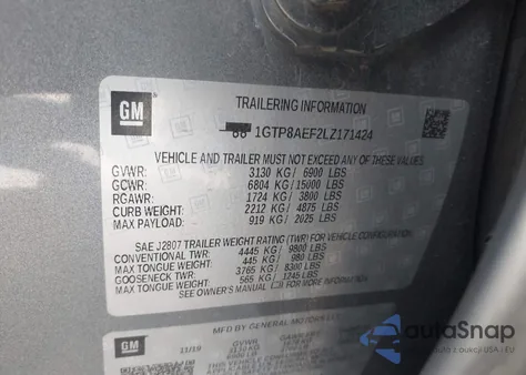 2020 GMC Sierra C1500 из США, поврежденный, VIN 1GTP8AEF2LZ171424